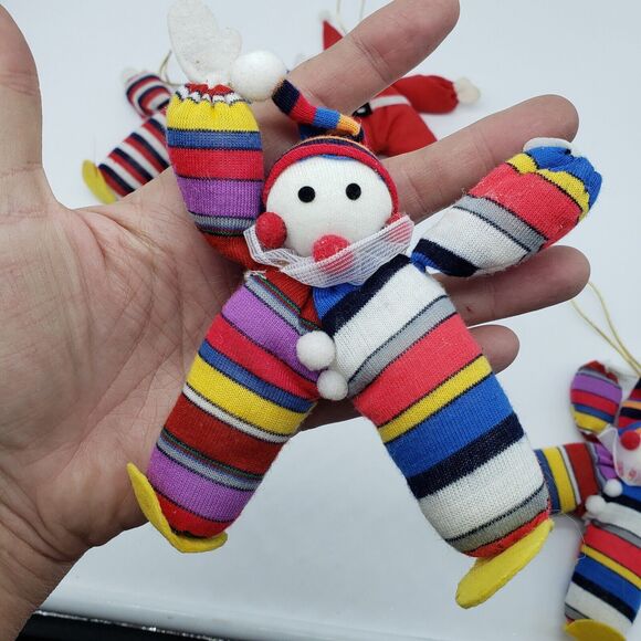 Vintage Cotton Stuffed‎ Santa Christmas Ornament with 3 Elf Clown Ornaments - Picture 4 of 7